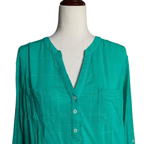 Carve Designs Half Button Down Roll Sleeve Casual Shirt Womens XL Green Sheer - Picture 5 of 14